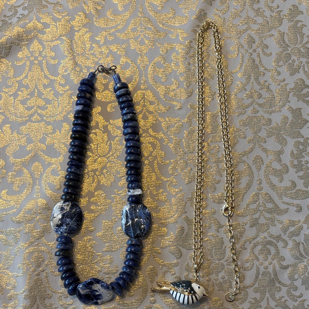 Elegant Blue/White Chunky Necklace and Blue/Gold Bird Necklace by Talbots